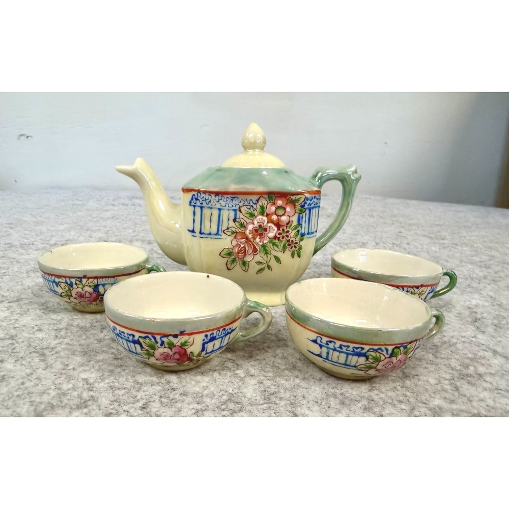 Vintage Made in Japan Miniature Tea Set Lusterware Floral Teapot 4 Cups 5pc